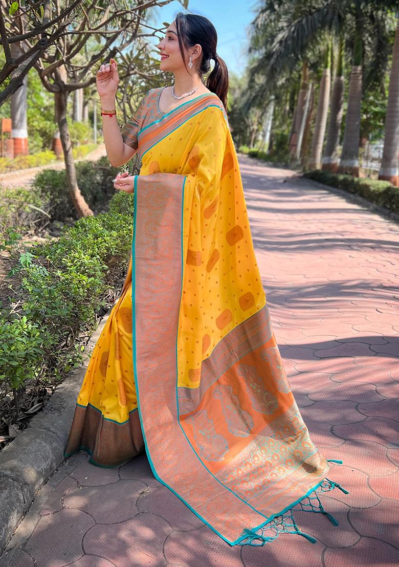 Yellow Zari Woven Soft Silk Saree Set