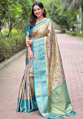Rama Blue Zari Woven Dharmavaram Silk Saree Set