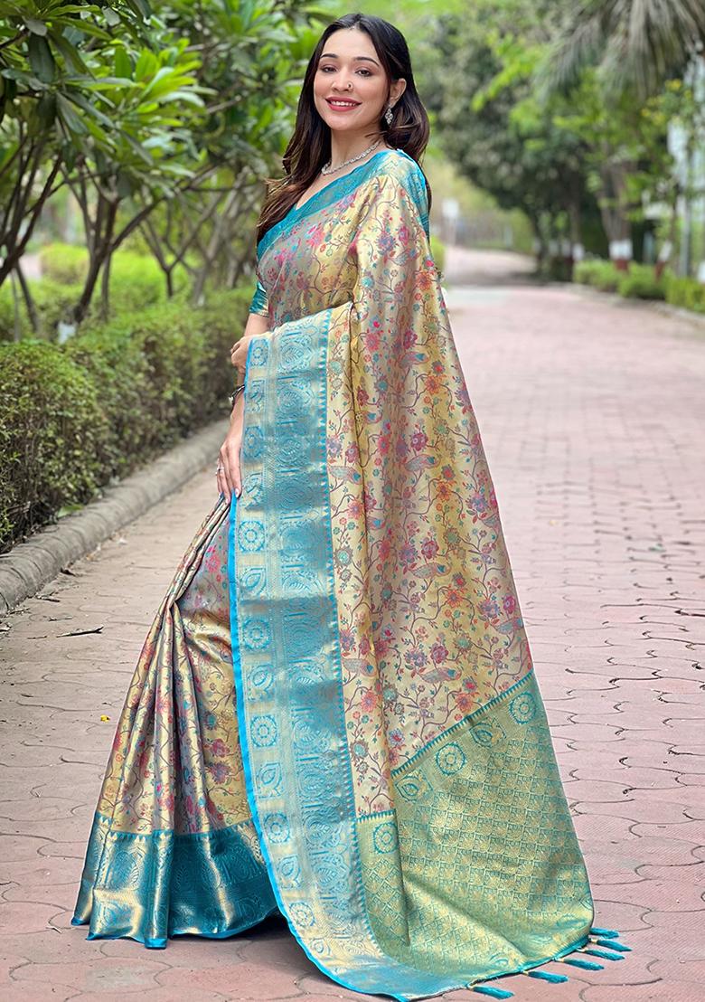 Rama Blue Zari Woven Dharmavaram Silk Saree Set