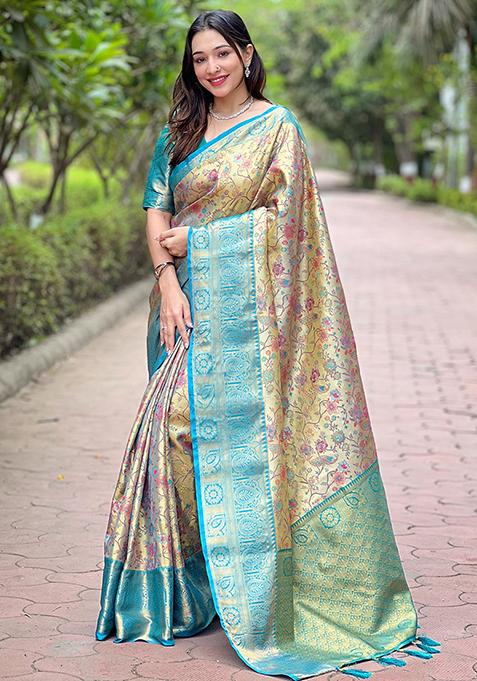 Rama Blue Zari Woven Dharmavaram Silk Saree Set