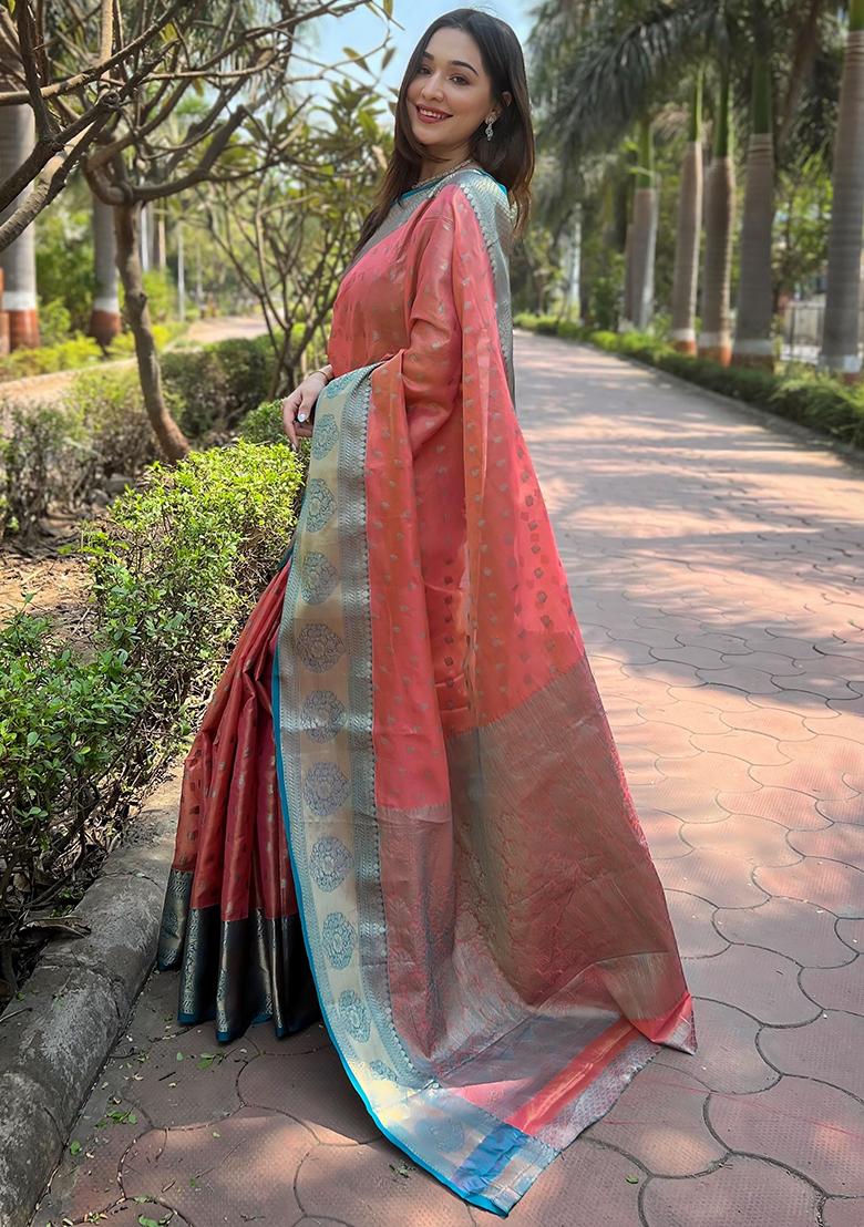 Peach Zari Woven Pattu Silk Saree Set