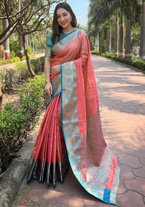 Peach Zari Woven Pattu Silk Saree Set