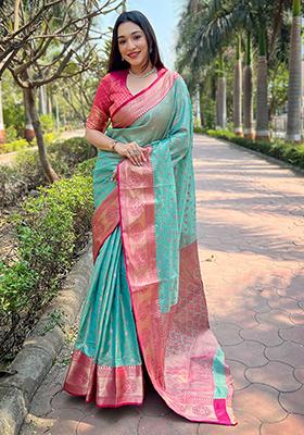 Rama Blue Zari Woven Pattu Silk Saree Set