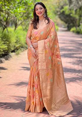 Peach Zari Woven Organza Saree Set