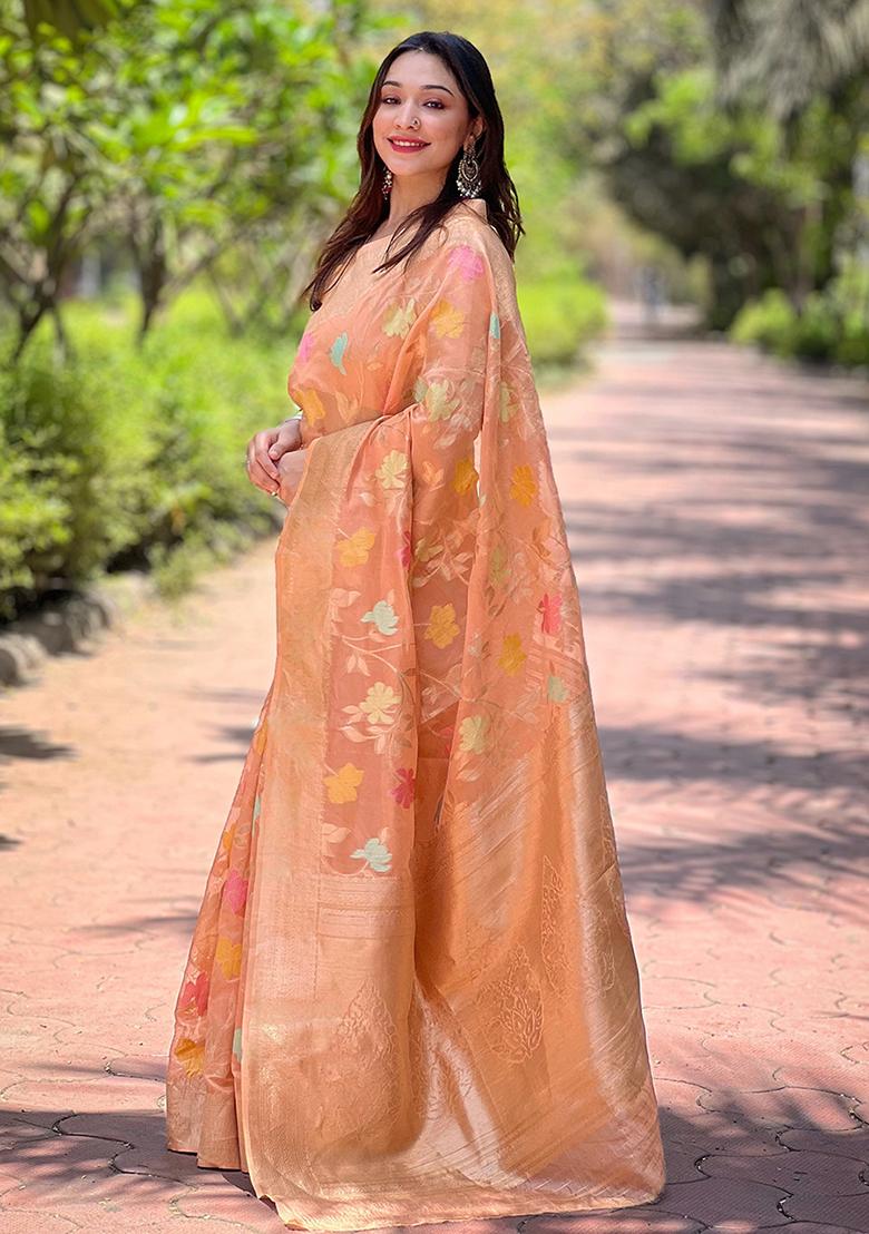 Peach Zari Woven Organza Saree Set