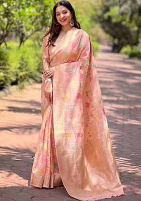 Pink Zari Woven Organza Saree Set