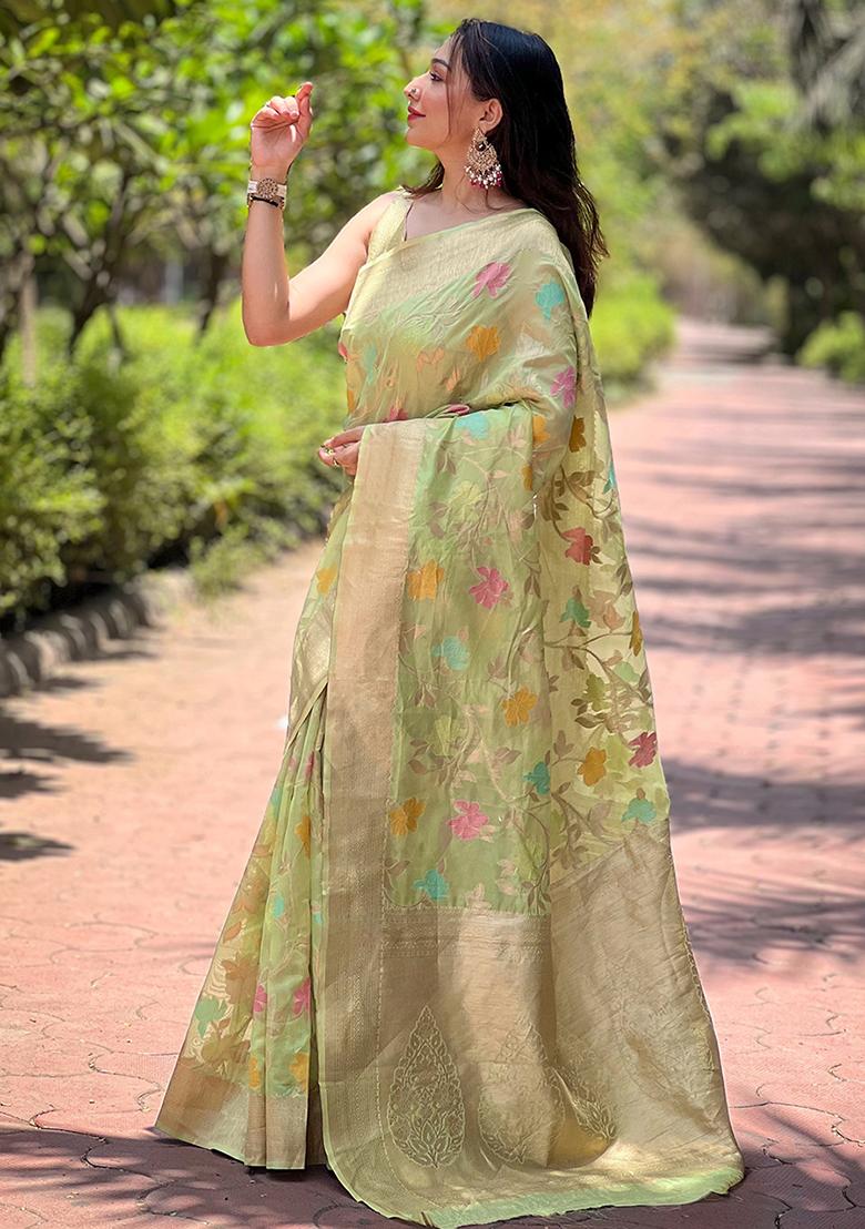 Pista Green Zari Woven Organza Saree Set