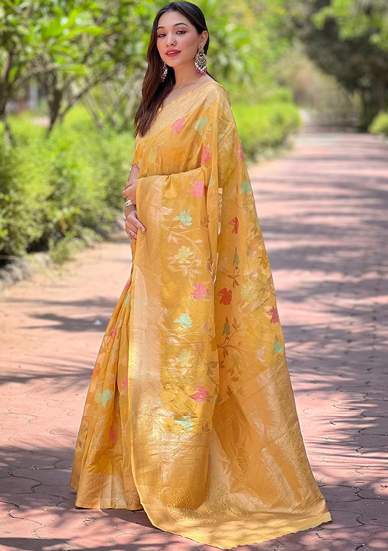 Yellow Zari Woven Organza Saree Set