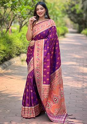 Purple Zari Woven Maharashtrian Meenakari Paithani Silk Saree Set