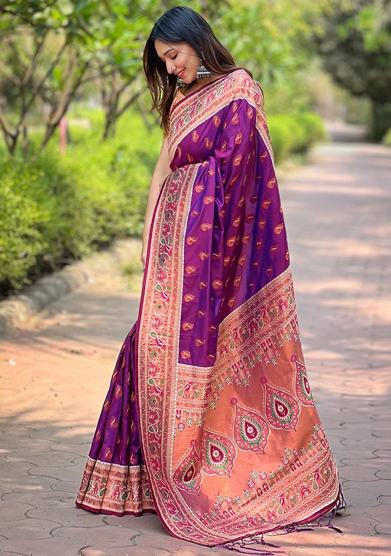 Purple Zari Woven Maharashtrian Meenakari Paithani Silk Saree Set