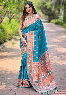 Blue Zari Woven Maharashtrian Meenakari Paithani Silk Saree Set