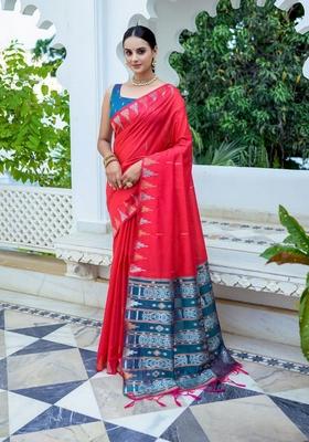 Red Zari Woven Tussar Silk Saree Set