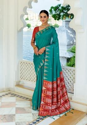 Rama Blue Zari Woven Tussar Silk Saree Set