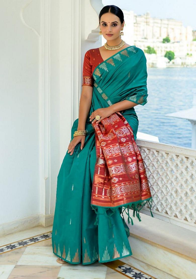 Rama Blue Zari Woven Tussar Silk Saree Set