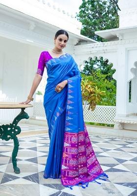 Blue Zari Woven Tussar Silk Saree Set