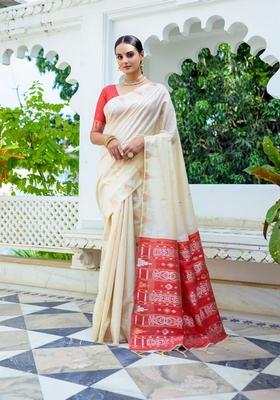 Cream Zari Woven Tussar Silk Saree Set