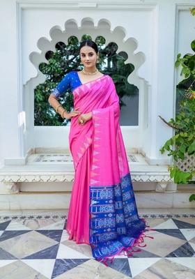 Pink Zari Woven Tussar Silk Saree Set