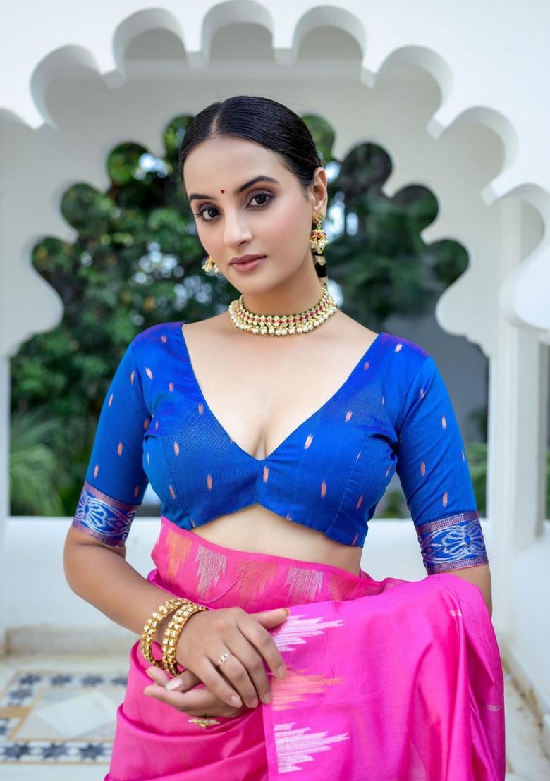 Pink Zari Woven Tussar Silk Saree Set