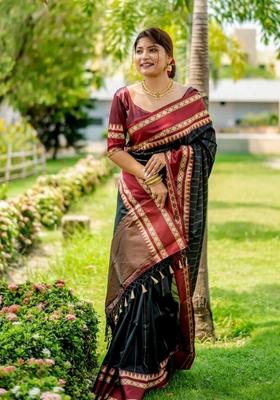 Black Zari Woven Soft Raw Silk Saree Set
