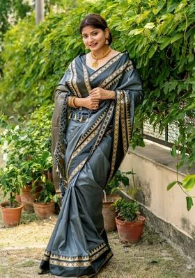 Grey Zari Woven Soft Raw Silk Saree Set
