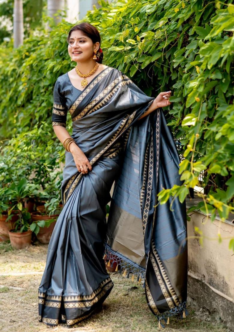 Grey Zari Woven Soft Raw Silk Saree Set