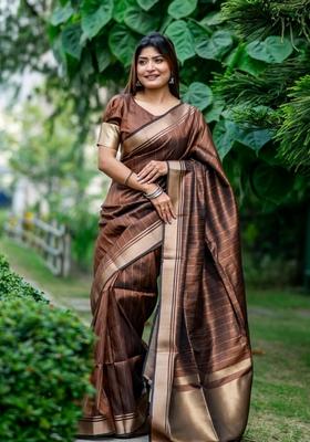 Brown Zari Woven Soft Banarasi Silk Saree Set