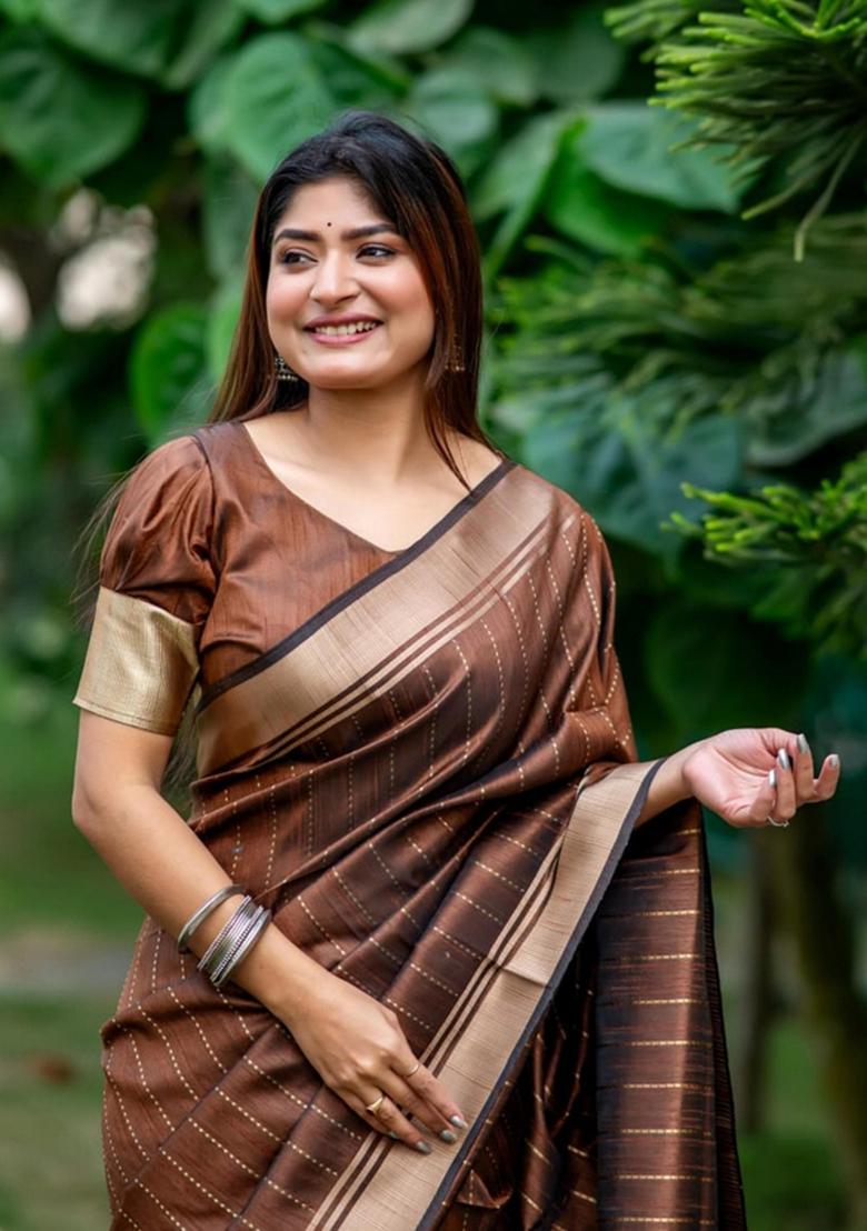 Brown Zari Woven Soft Banarasi Silk Saree Set