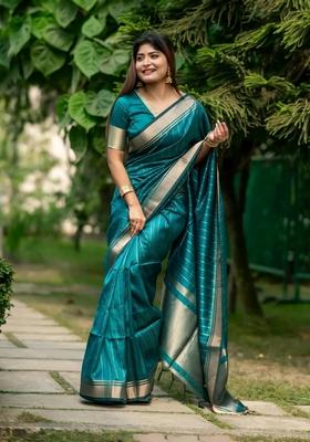 Rama Blue Zari Woven Soft Banarasi Silk Saree Set