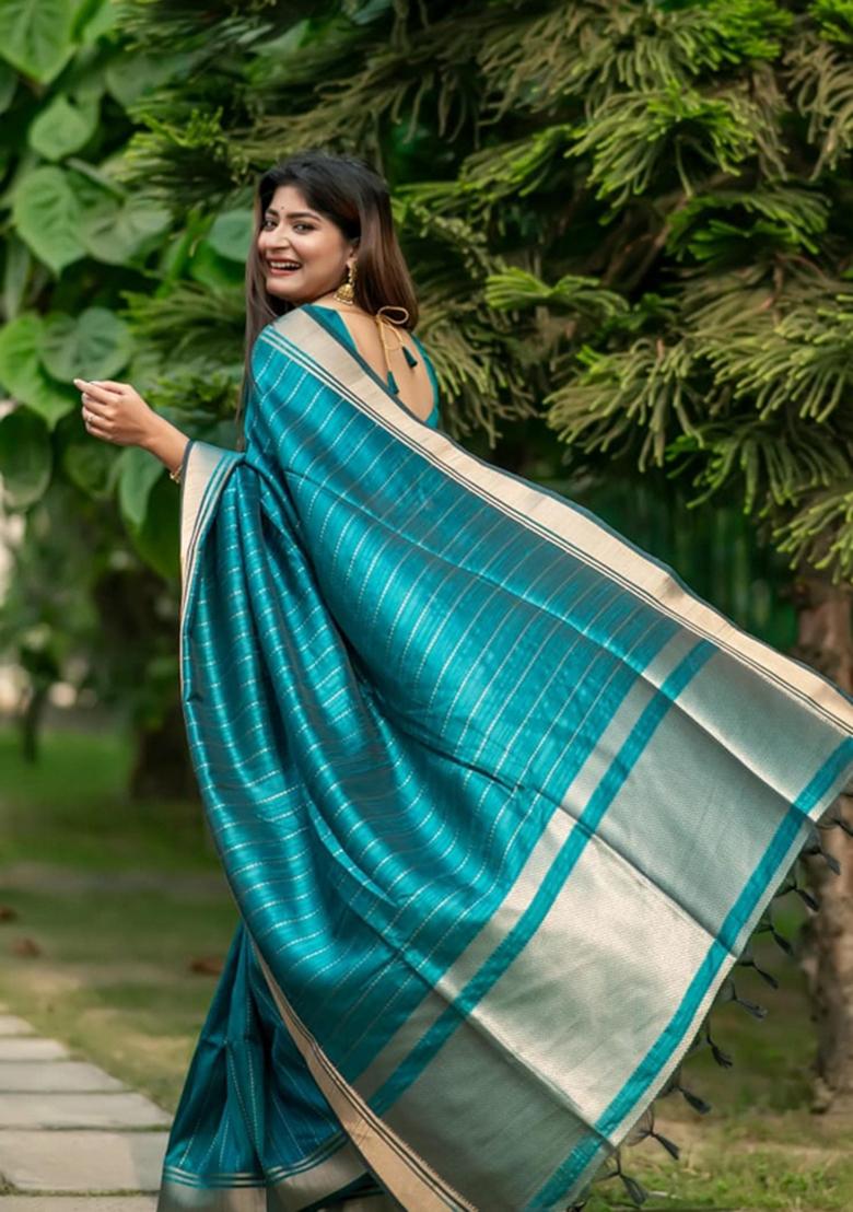 Rama Blue Zari Woven Soft Banarasi Silk Saree Set