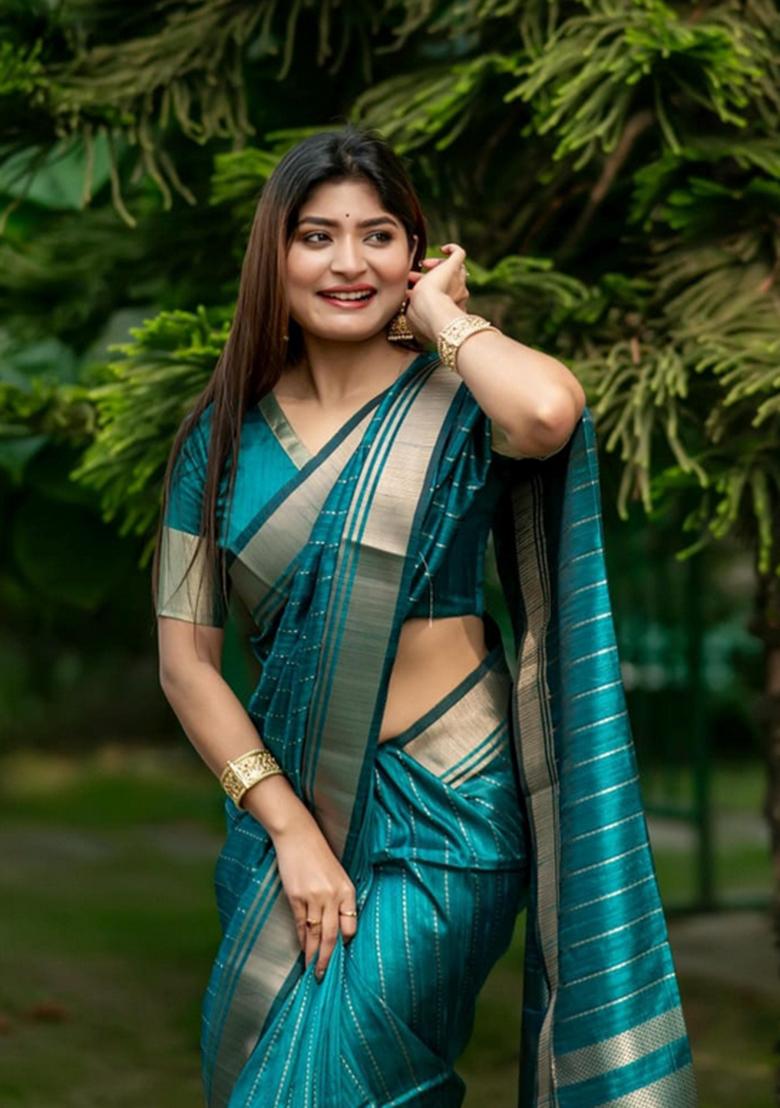 Rama Blue Zari Woven Soft Banarasi Silk Saree Set