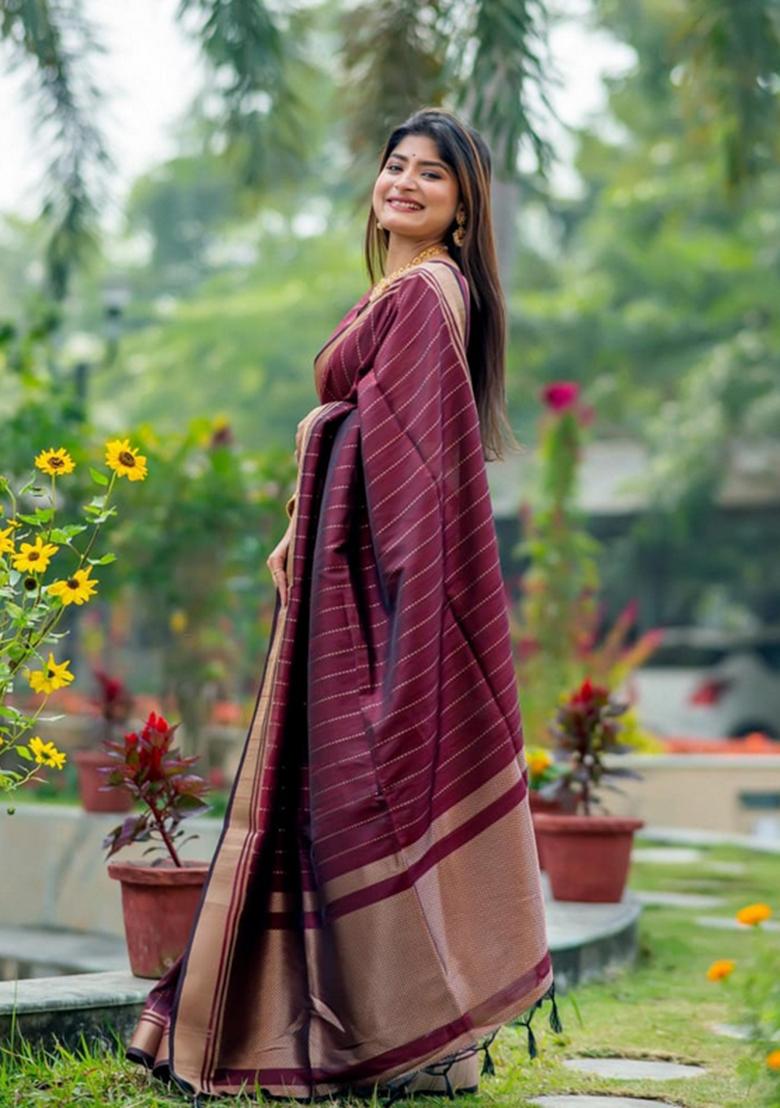 Maroon Zari Woven Soft Banarasi Silk Saree Set