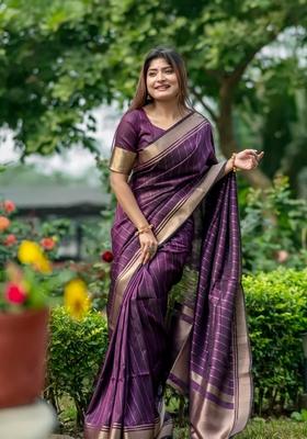 Wine Zari Woven Soft Banarasi Silk Saree Set
