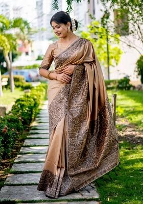 Beige Zari Woven Handloom Raw Silk Saree Set