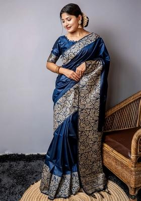 Blue Zari Woven Handloom Raw Silk Saree Set