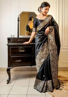 Black Zari Woven Handloom Raw Silk Saree Set