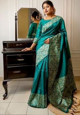 Rama Blue Zari Woven Handloom Raw Silk Saree Set