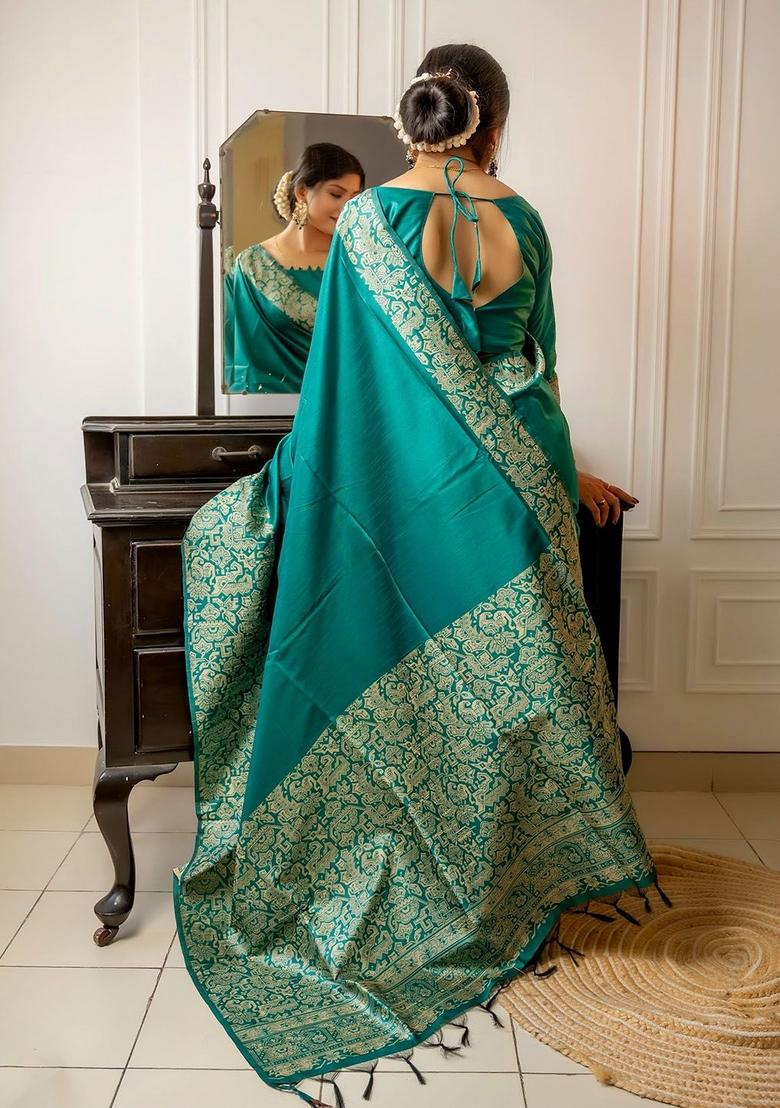 Rama Blue Zari Woven Handloom Raw Silk Saree Set