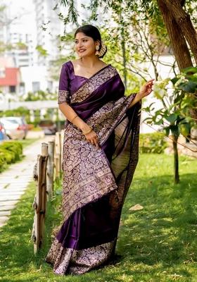 Purple Zari Woven Handloom Raw Silk Saree Set