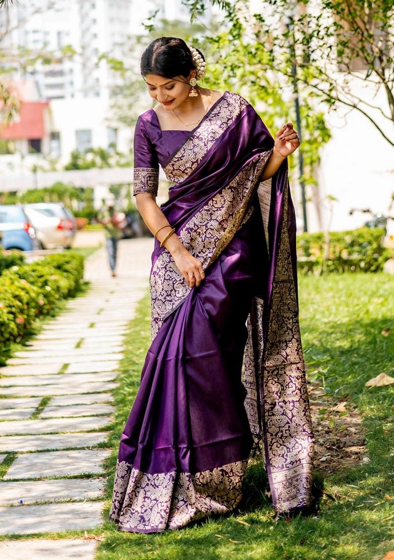 Purple Zari Woven Handloom Raw Silk Saree Set