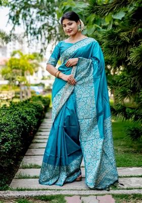 Firozi Zari Woven Handloom Raw Silk Saree Set