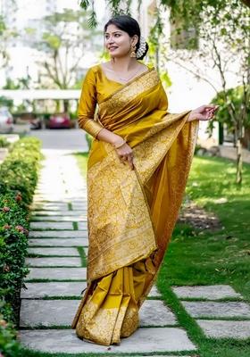 Mustard Zari Woven Handloom Raw Silk Saree Set
