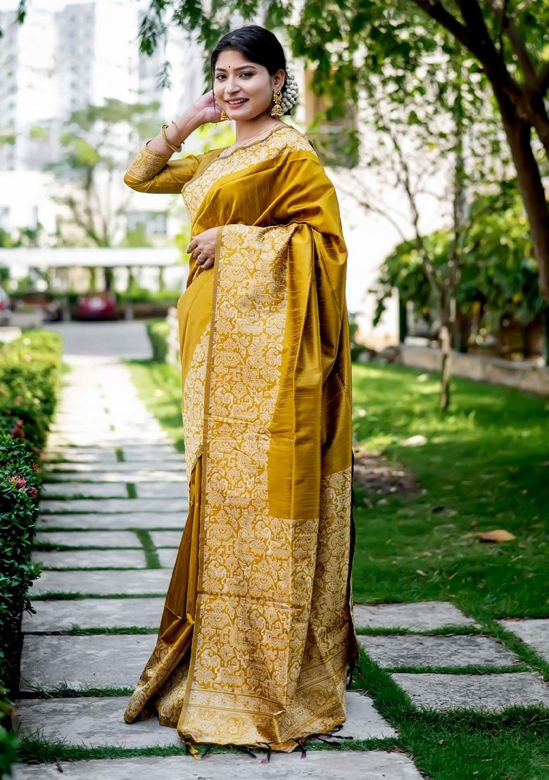 Mustard Zari Woven Handloom Raw Silk Saree Set