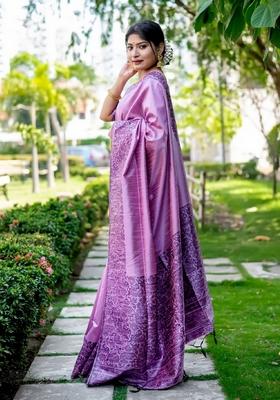 Lavender Zari Woven Handloom Raw Silk Saree Set