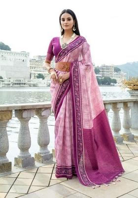 Pink Printed Soft Silk Saree Set