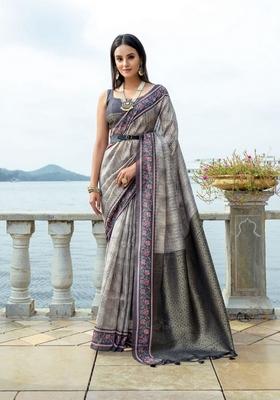 Grey Printed Soft Silk Saree Set