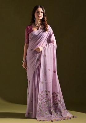 Lavender Zari Woven Soft Muga Cotton Saree Set