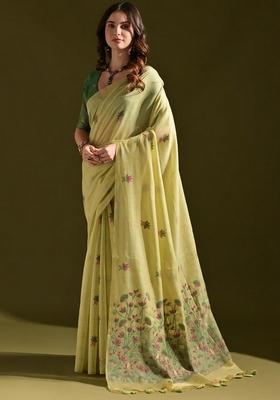 Pista Green Zari Woven Soft Muga Cotton Saree Set