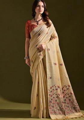 Cream Zari Woven Soft Muga Cotton Saree Set