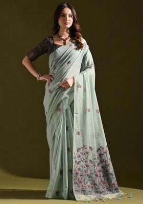 Sea Green Zari Woven Soft Muga Cotton Saree Set