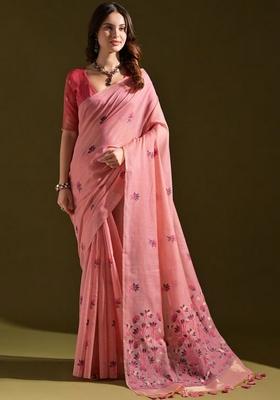 Pink Zari Woven Soft Muga Cotton Saree Set